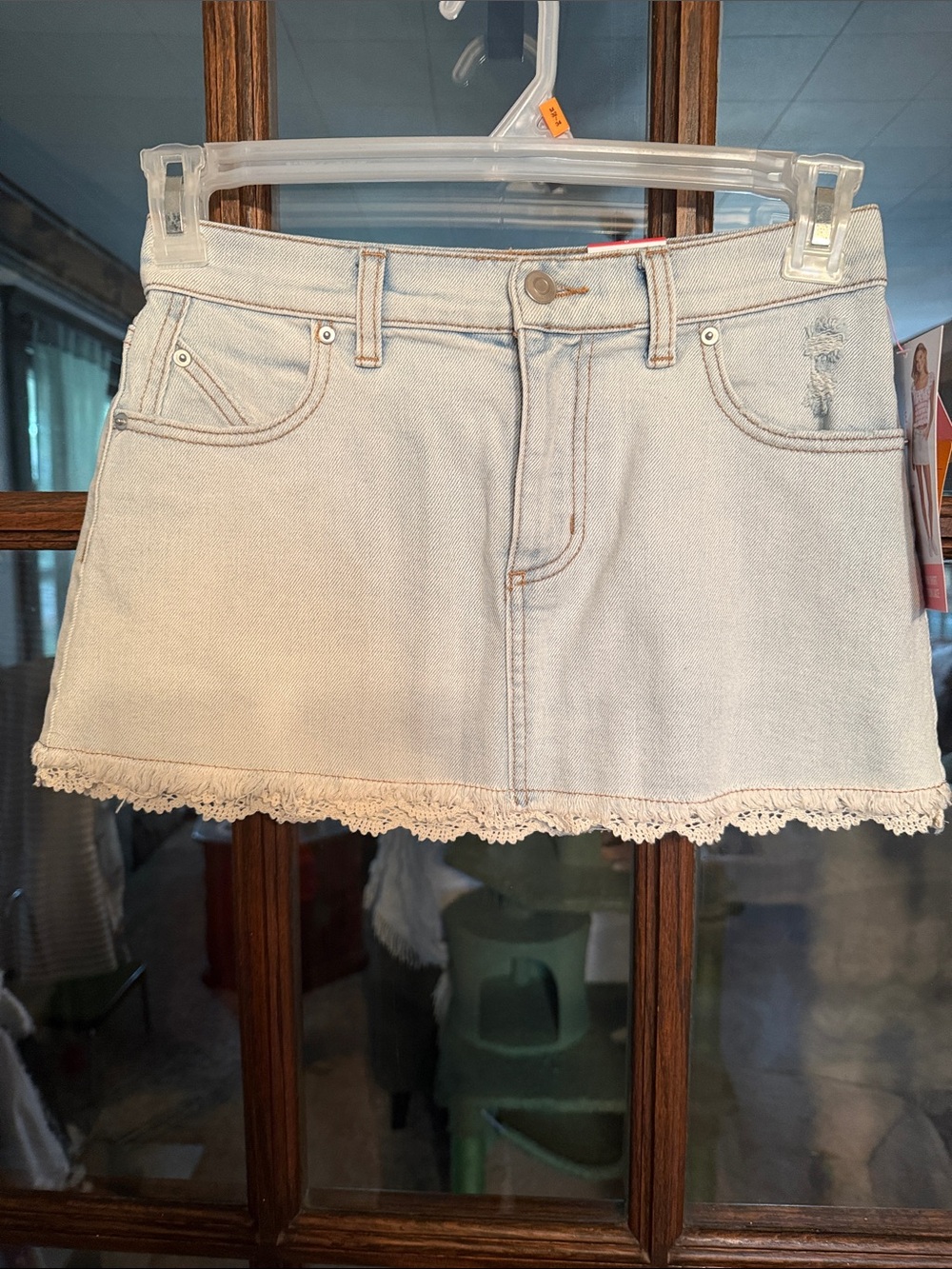 Women's Light Blue Denim Mini Skirt with Lace Hem
